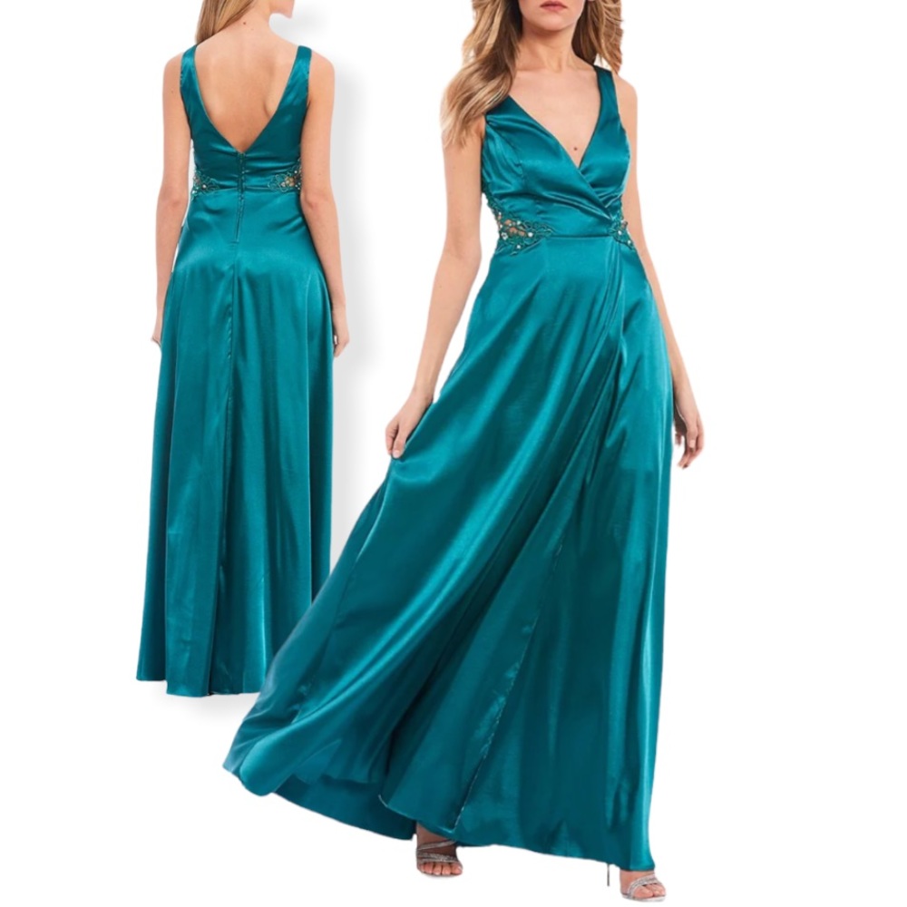 👑City Vibe🏙V-Neck Crochet-Side Faux-Wrap Satin Long Dress, Size 3, NWT